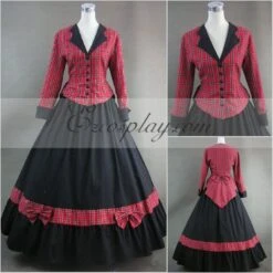 Red Lattice Long Sleeve Gothic Lolita Dress-LTFS0066