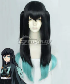 Demon Slayer: Kimetsu No Yaiba Tokitou Muichirou Muichiro Tokito Black Green Double Straight Cosplay Wig